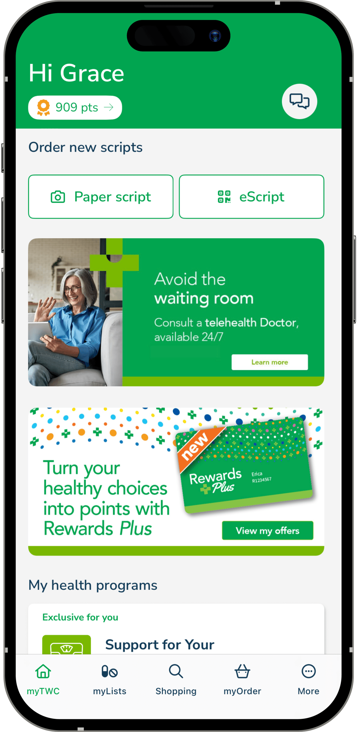 The TerryWhite Chemmart app home screen