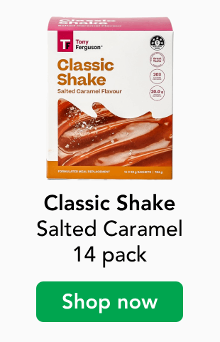 Tony Ferguson Classic shake, Salted Caramel flavour 14 pack, Shop now