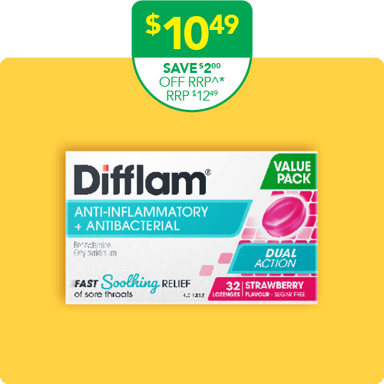 Difflam Sore Throat Lozenge Strawberry Value Pack 32 lozenges