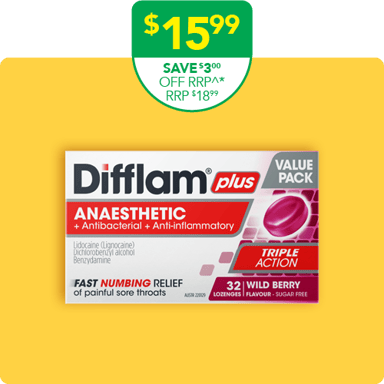 Difflam Plus Anaesthetic Triple Action Wild Berry 32 lozenges