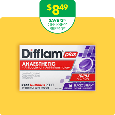 Difflam Plus Anaesthetic Triple Action Blackcurrant 16 lozenges