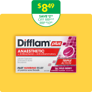 Difflam Plus Anaesthetic Triple Action Wild Berry 16 lozenges