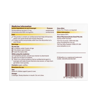 Betadine Betadine Sore Throat Lozenges Honey Lemon 36S 36 lozenges