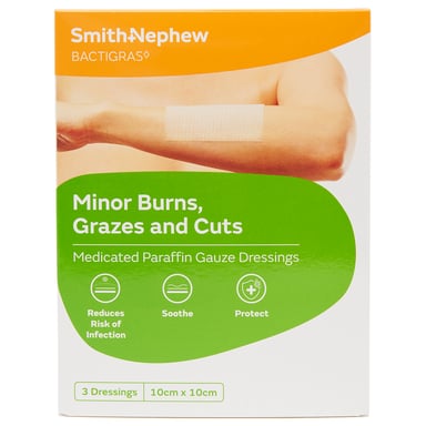Bactigras Paraffin Dressings 10cm X 10cm - 3 pack