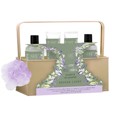 She Aromatherapy Pure Organics Shower Caddy Lavender & Rose Geranium 4 piece