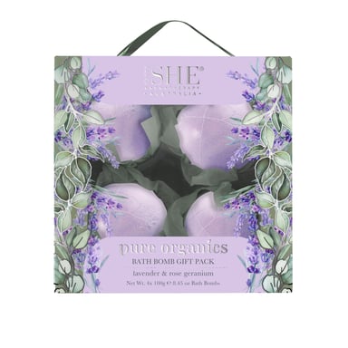 She Aromatherapy Pure Organics Bath Bomb Set Lavender & Rose Geranium 4 piece