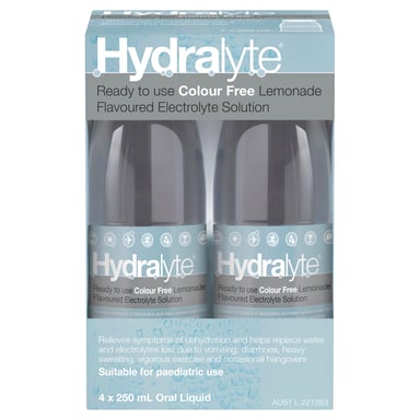 Hydralyte Colour Free Lemonade Flavoured Solution 250ml - 4 pack