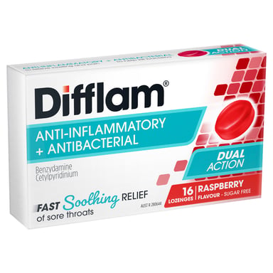Difflam Sore Throat Raspberry Sugar Free 16 lozenges