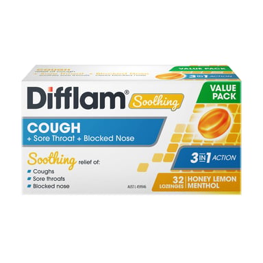 Difflam Soothing Cough + Sore Throat + Blocked Nose 32 Lozenges