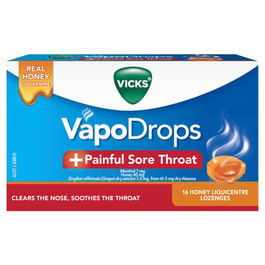 Vicks Vapodrops +Painful Sore Throat Honey Liquicentre 16 Lozenges