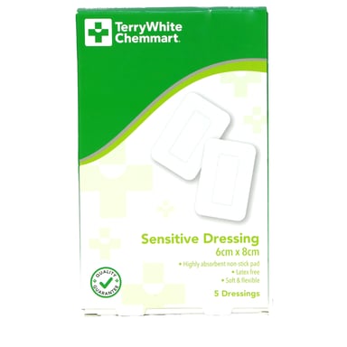 TerryWhite Chemmart Sensitive Dressing 6cm X 8cm - 5 pack