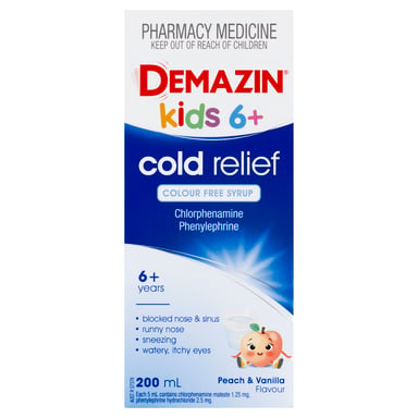 Demazin Kids 6+ Years Cold Relief Peach & Vanilla Flavour 200ml