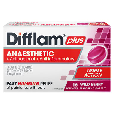 Difflam Plus Anaesthetic Triple Action Wild Berry 16 lozenges
