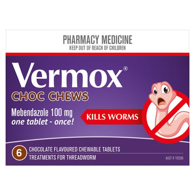 Vermox Treatment For Threadworm Chocolate Flavoured Chewable 6 Tablets