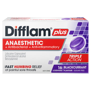 Difflam Plus Anaesthetic Triple Action Blackcurrant 16 lozenges