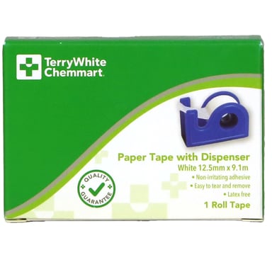 TerryWhite Chemmart Paper Tape With Dispenser White 12.5mm X 9.1M - 1 roll