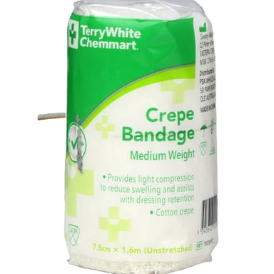 TerryWhite Chemmart Crepe Bandage Medium Weight 7.5cm X 1.6M - 1 roll
