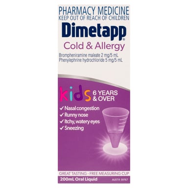 Dimetapp Kids 6 Years and Over Cold & Allergy Sugar Free Grape Flavour 200ml