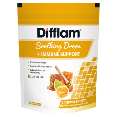 Difflam Soothing Drops + Immune Support Honey & Lemon 20 lozenges