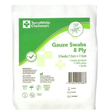 TerryWhite Chemmart Gauze Swabs 8-Ply 7.5cm X 7.5cm - 5 pack