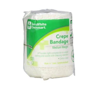 TerryWhite Chemmart Crepe Bandage Medium Weight 5cm X 1.6M - 1 roll