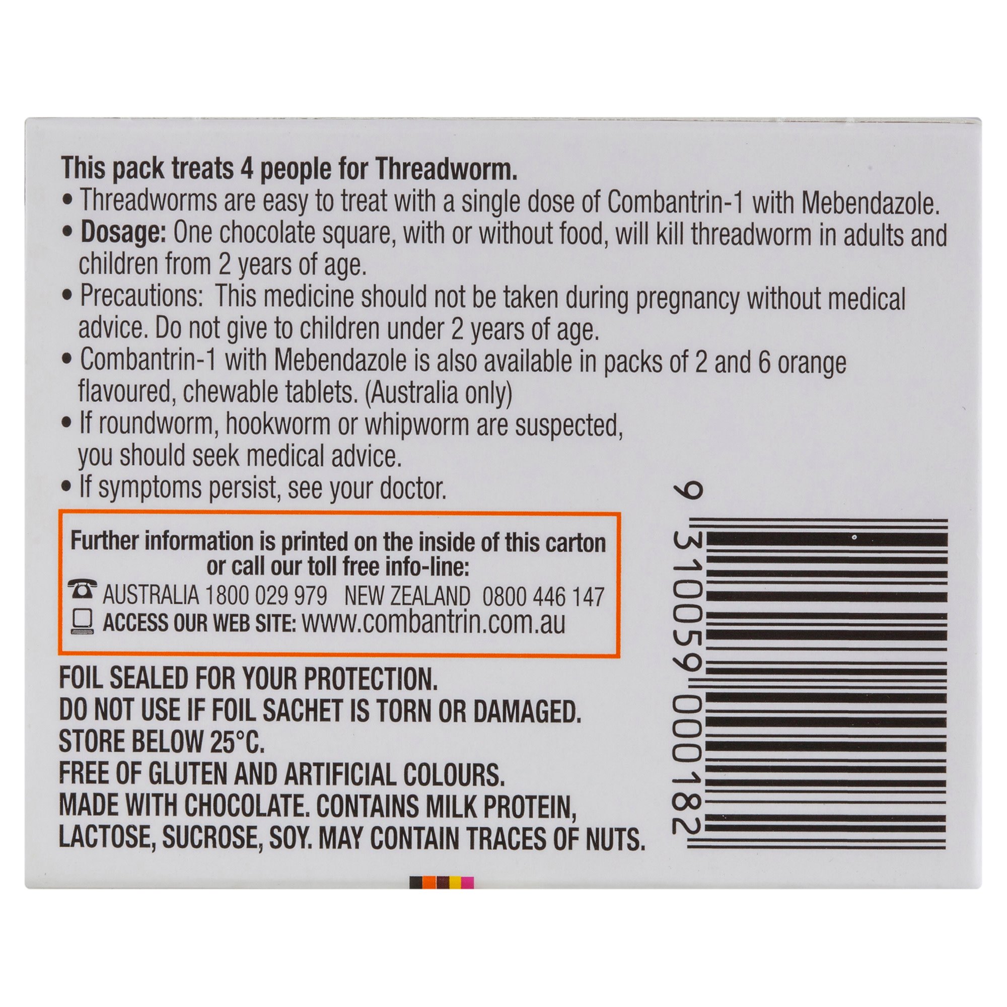 Combantrin 1 With Mebendazole Chocolate Squares 4 tablets - Image 2