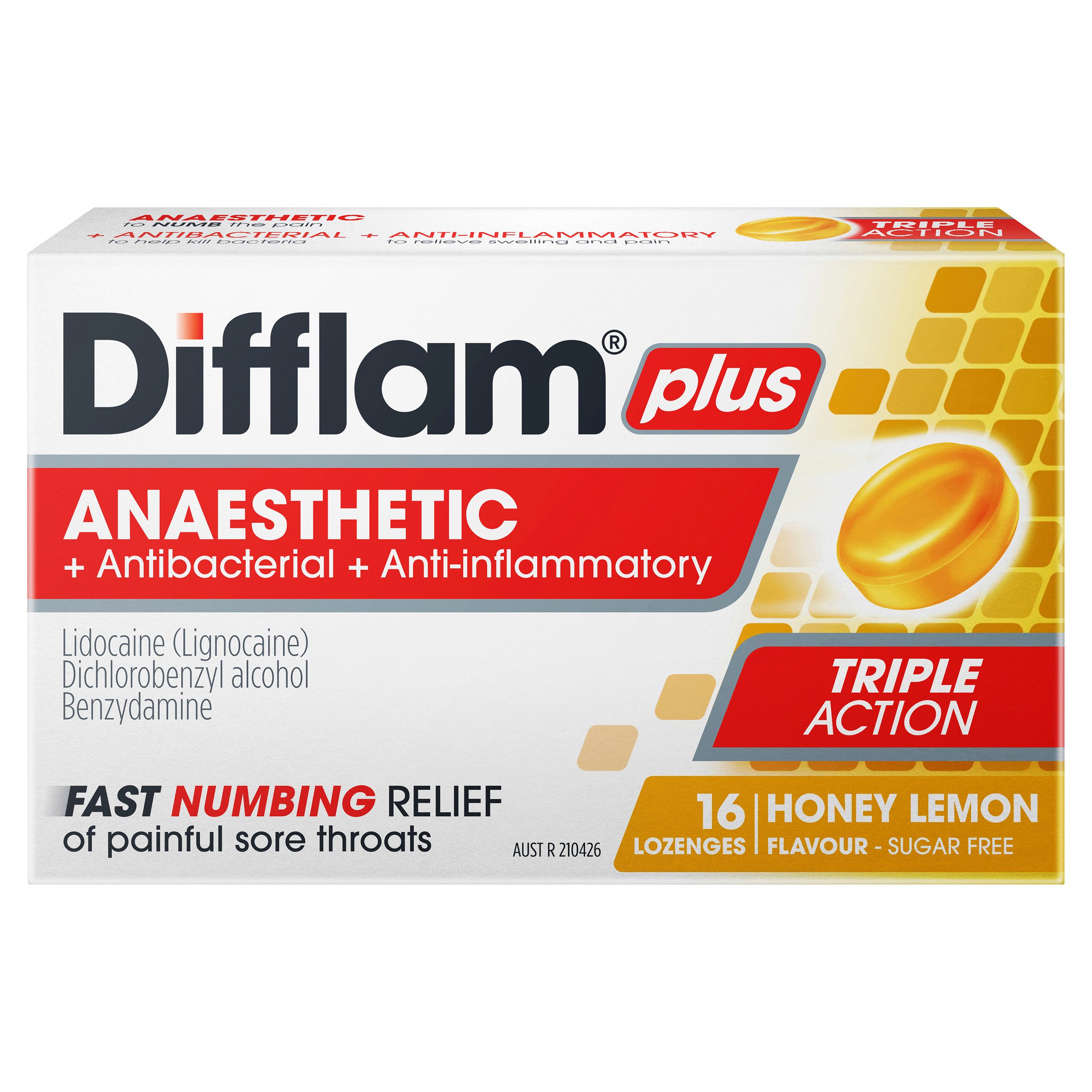 Difflam Plus Anaesthetic Triple Action Honey & Lemon 16 lozenges - Image 1