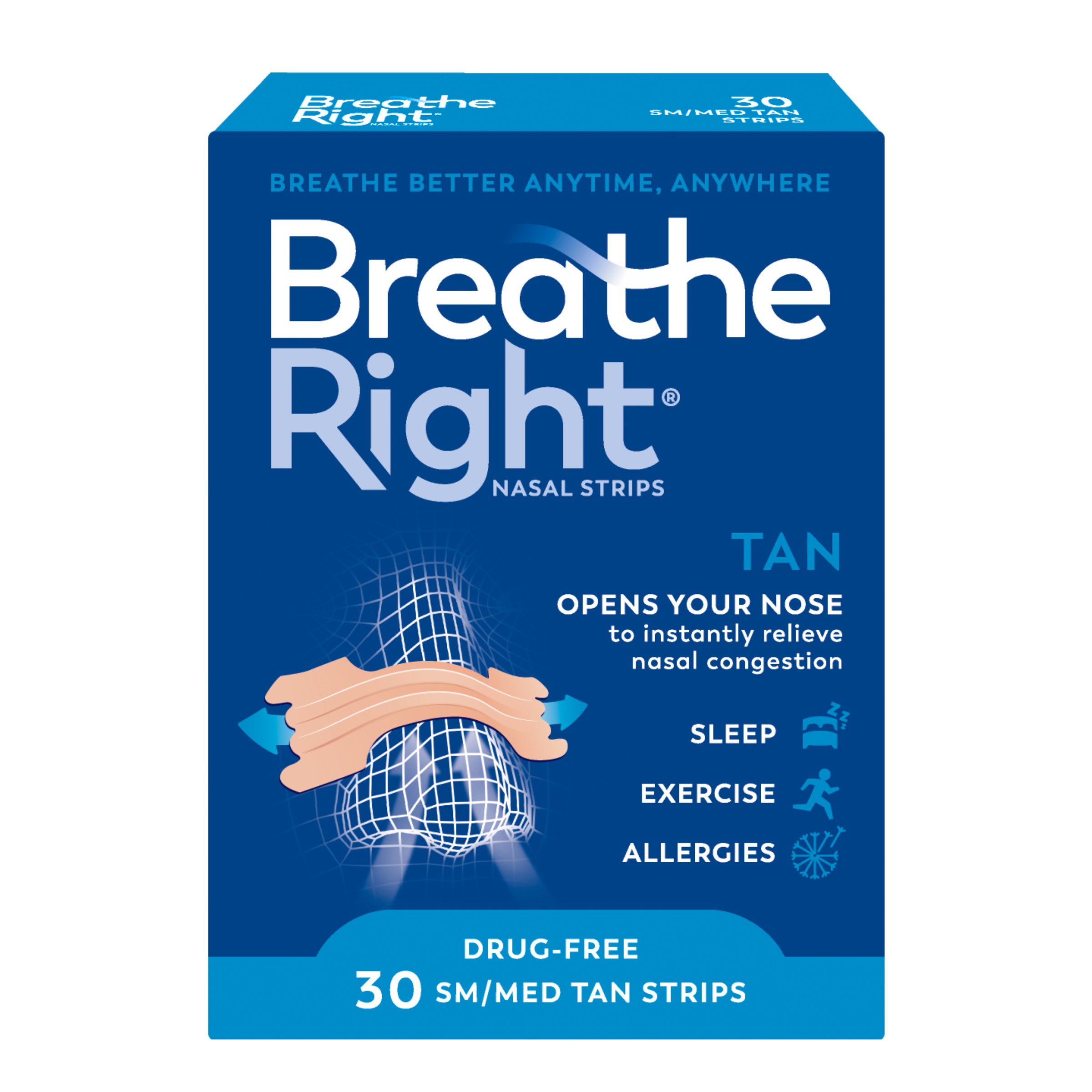 Breathe Right Nasal Strips Tan Small/Medium 30 pack - Image 1