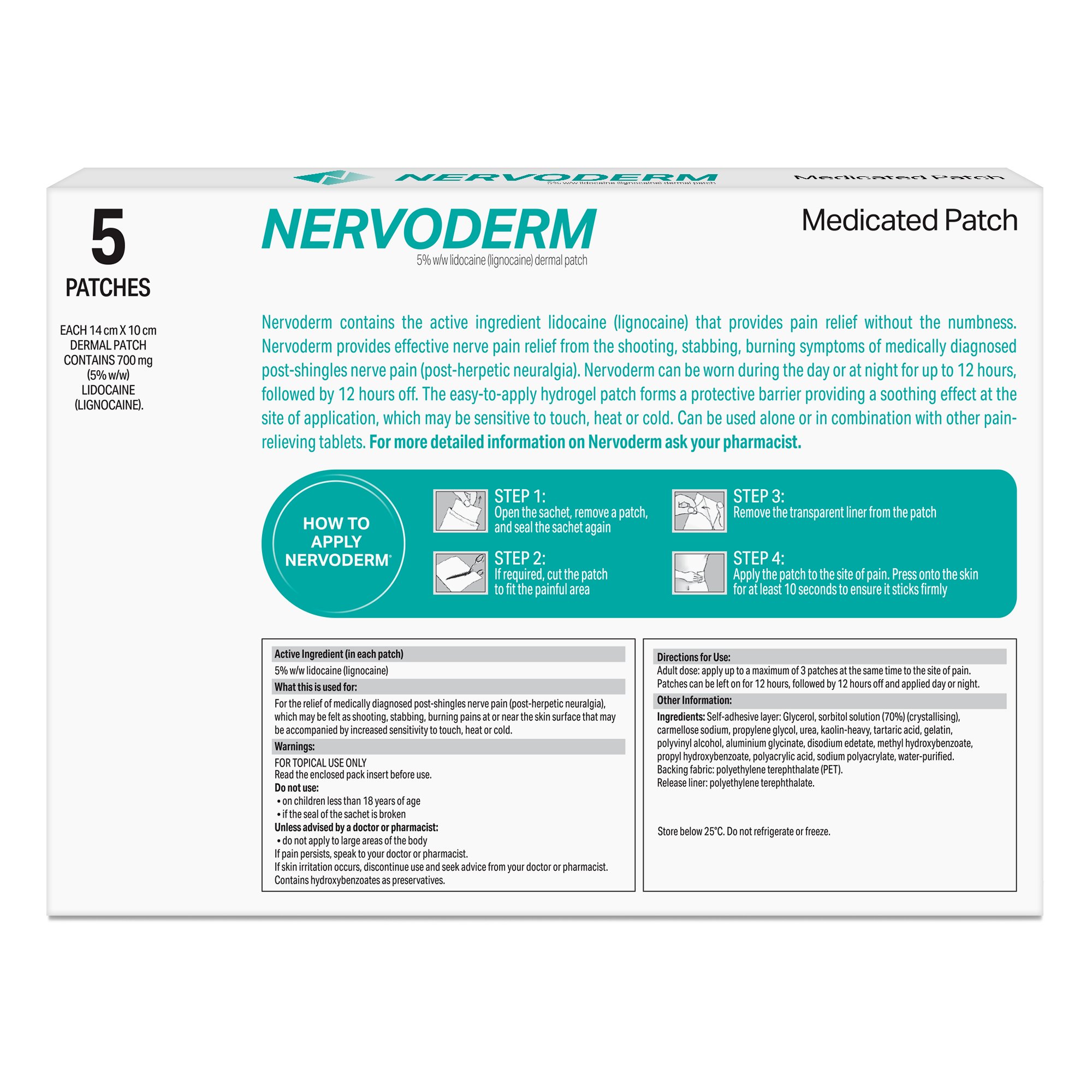 Nervoderm 5%w/w Lidocaine Medicated Patch 5 pack - Image 2