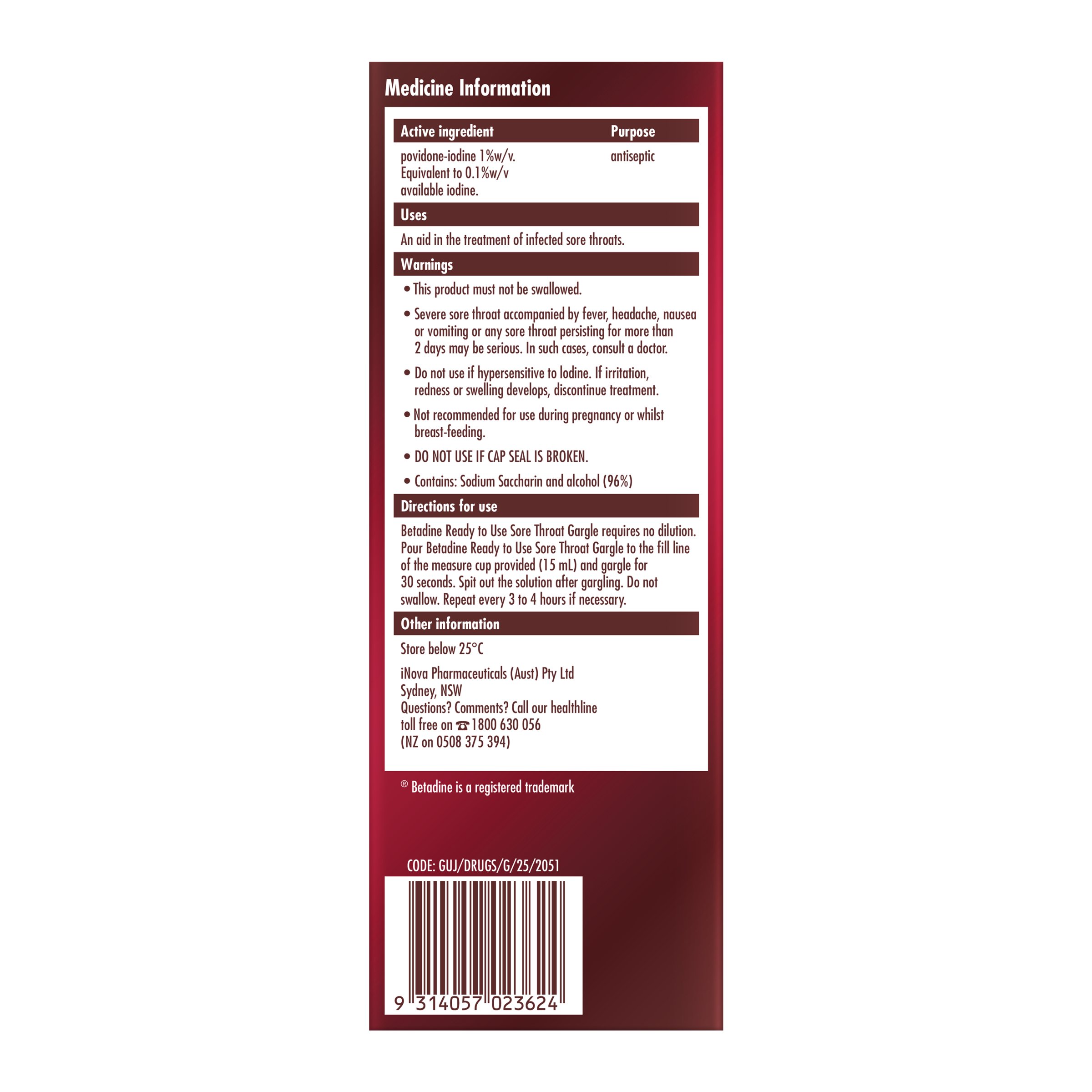 Betadine Ready To Use Sore Throat Gargle 200ml - Image 2