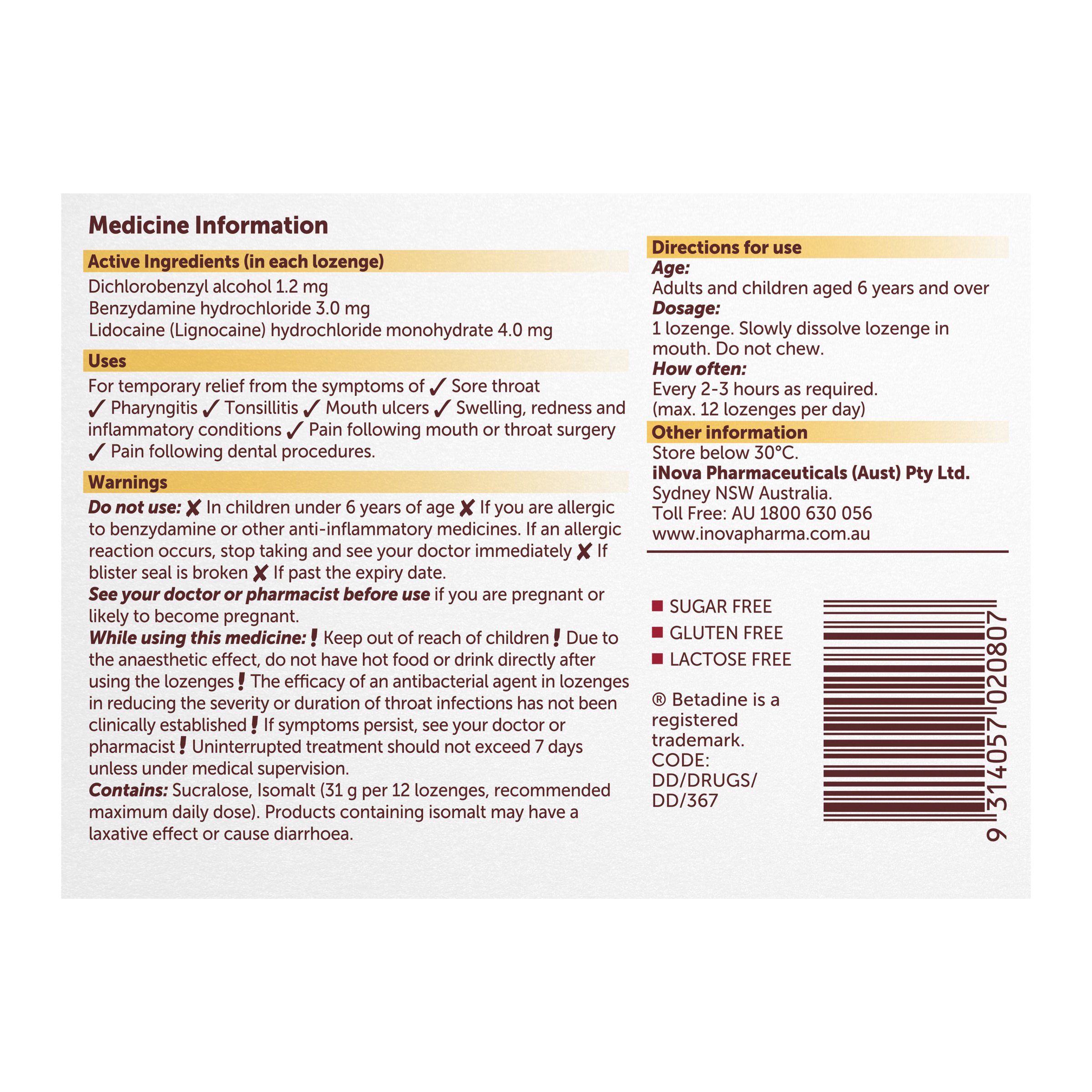 Betadine Anaesthetic + Antibacterial + Anti-Inflammatory - Honey & Lemon 16 lozenge - Image 2