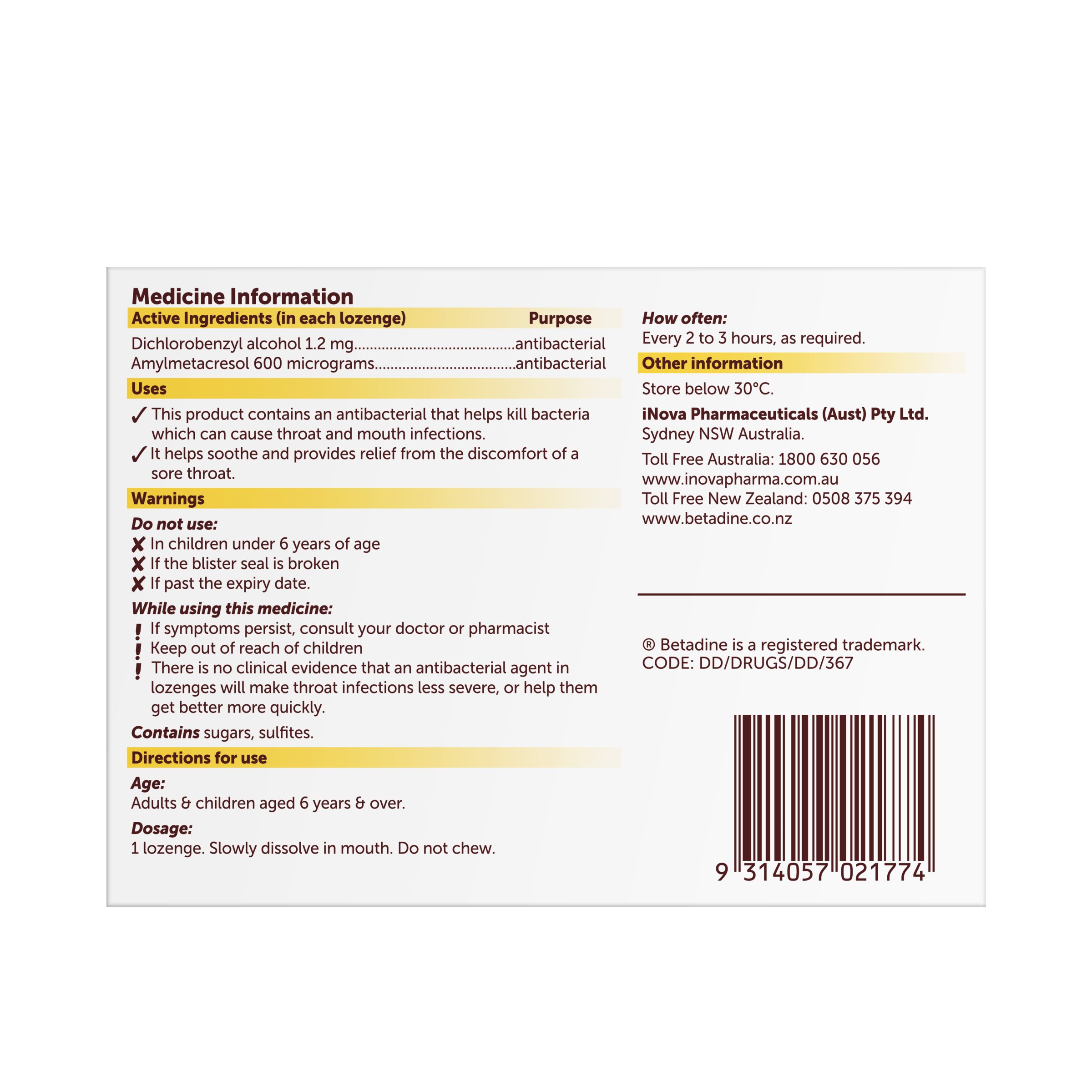 Betadine Betadine Sore Throat Lozenges Honey Lemon 36S 36 lozenges - Image 1