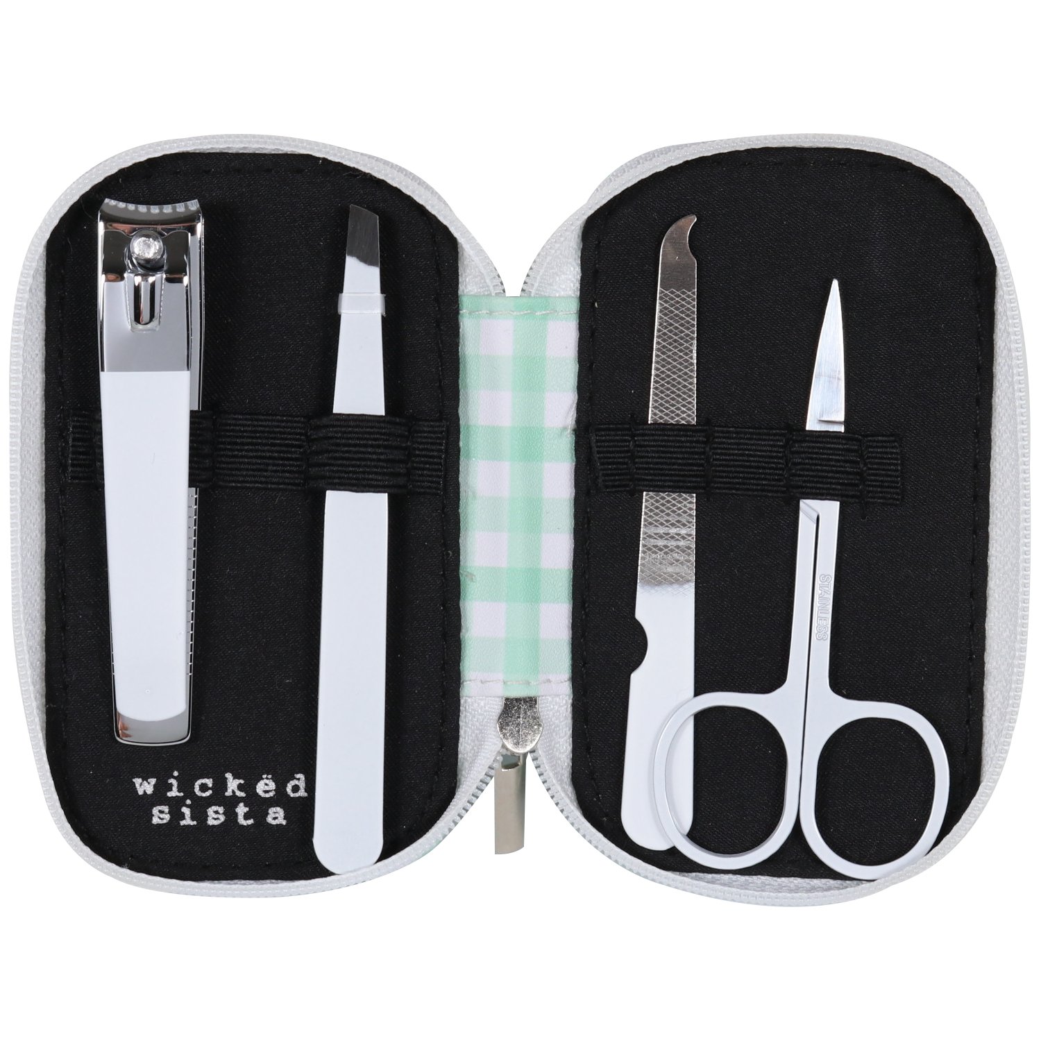 Wicked Sista Zipper Manicure Set Mint Gingham 4 piece - Image 2