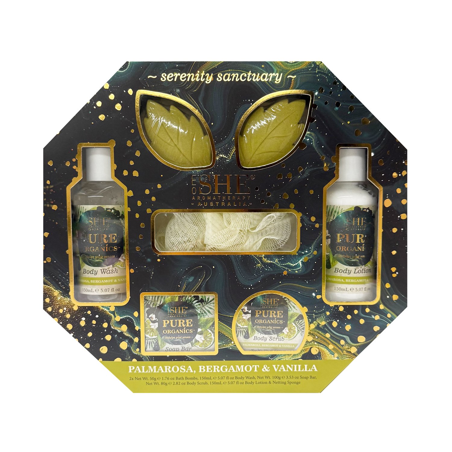 SHE Aromatherapy Pure Organics Pure Indulgence Set Palmarosa, Bergamot & Vanilla 7 piece