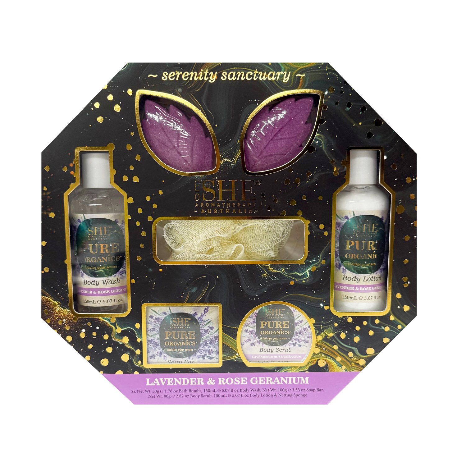 SHE Aromatherapy Pure Organics Pure Indulgence Set Lavender & Rose Geranium 7 piece