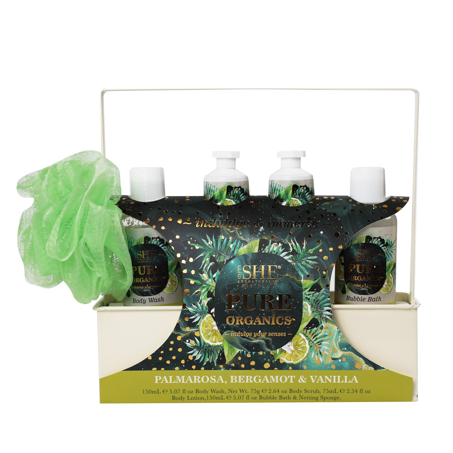 SHE Aromatherapy Pure Organics Shower Caddy Palmarosa, Bergamot & Vanilla 4 piece