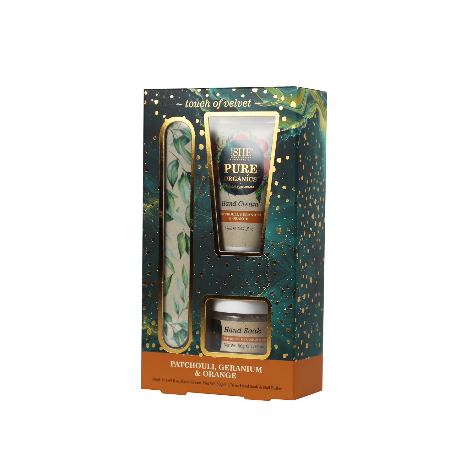 SHE Aromatherapy Pure Organics Hand Care Set Patchouli, Geranium & Orange 3 piece