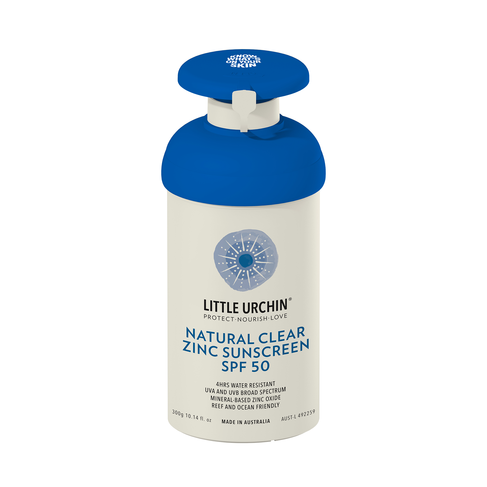 Little Urchin Natural Clear Zinc Sunscreen SPF 50+ Pump 300g - Image 1