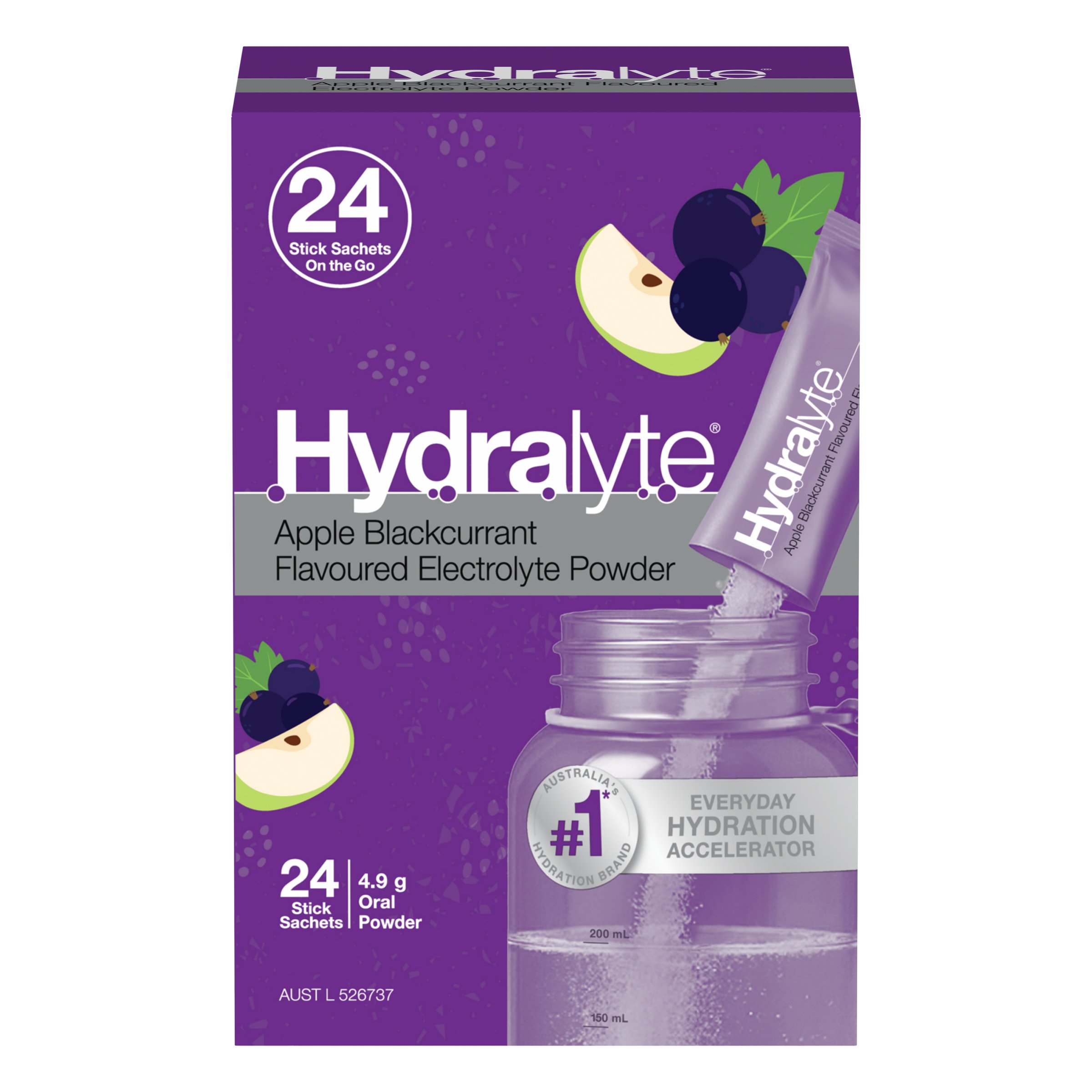 Hydralyte Stick Sachets Apple Blackcurrant Electrolyte Powder 24 pack - Image 1