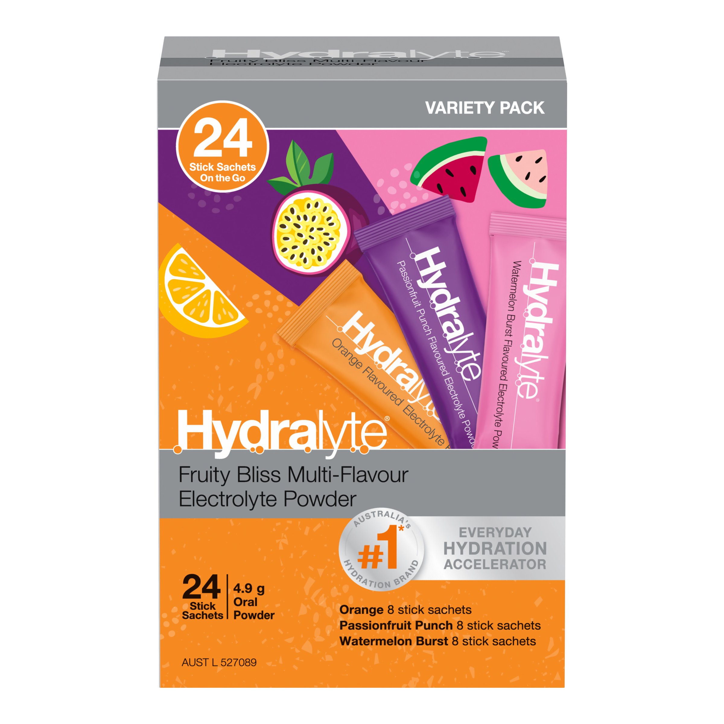 Hydralyte Stick Sachets Fruity Bliss Multi Flavour Electrolyte Powder 24 pack - Image 1