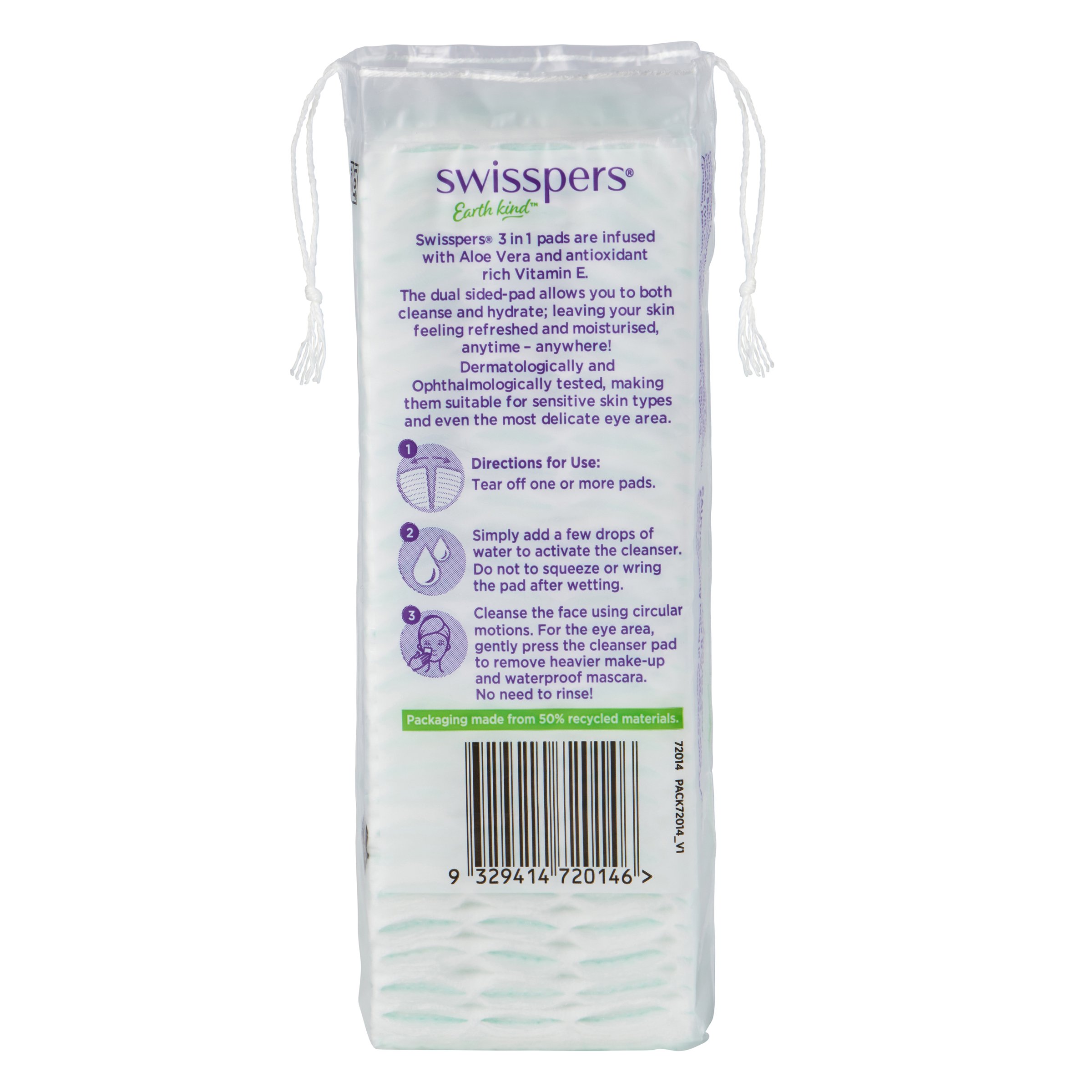 Swisspers Earth Kind 3 In 1 Cleanser Infused Pads Aloe Vera 60 pack - Image 2