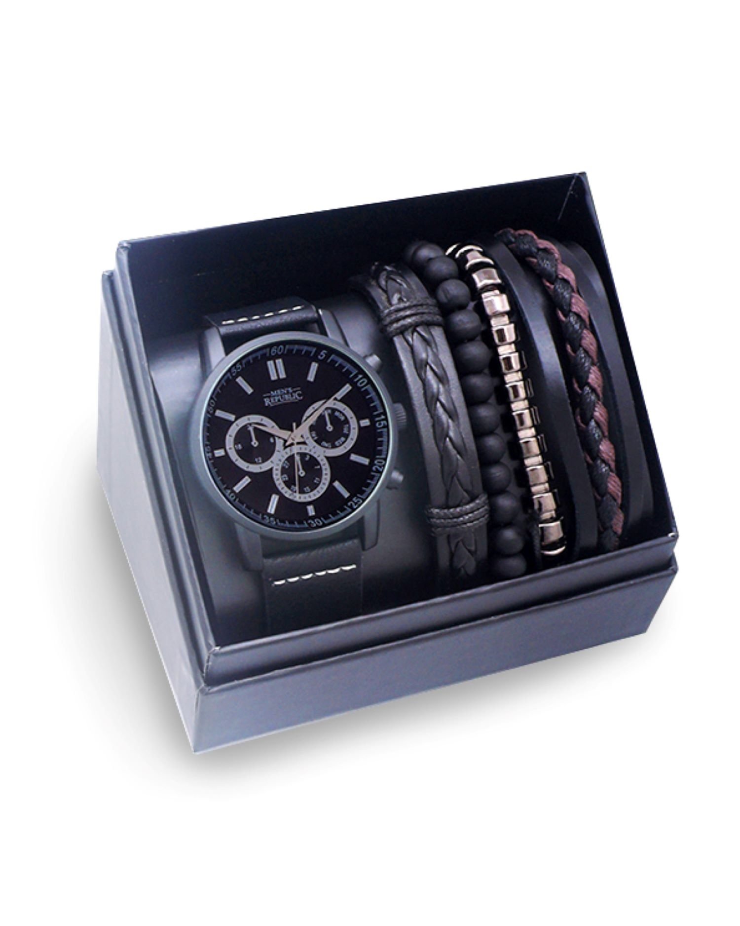 Men's Republic Watch set with 4 Bracelets - Black 1 each - Image 1