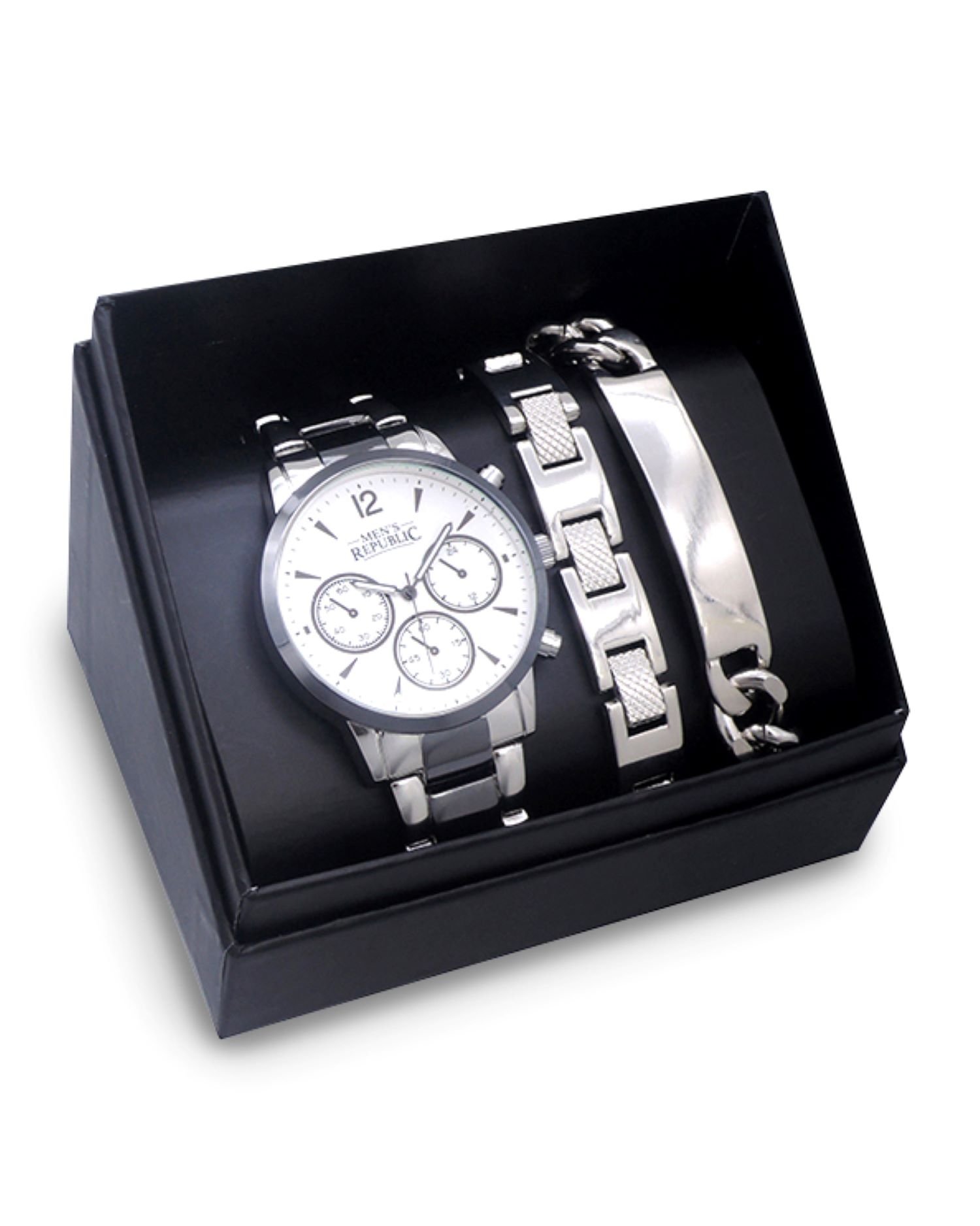 Men's Republic Watch set with 2 Bracelets - Chrome/Black 1 each - Image 1