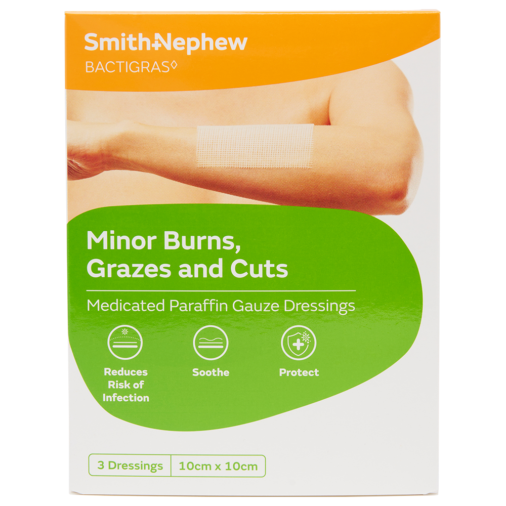Bactigras Paraffin Dressings 10cm X 10cm - 3 pack - Image 1