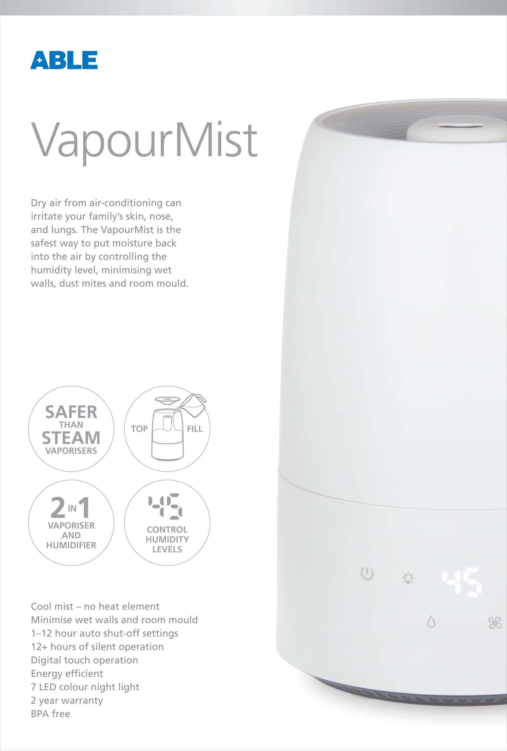Able Vapour Mist Humidifier 1 each - Image 2