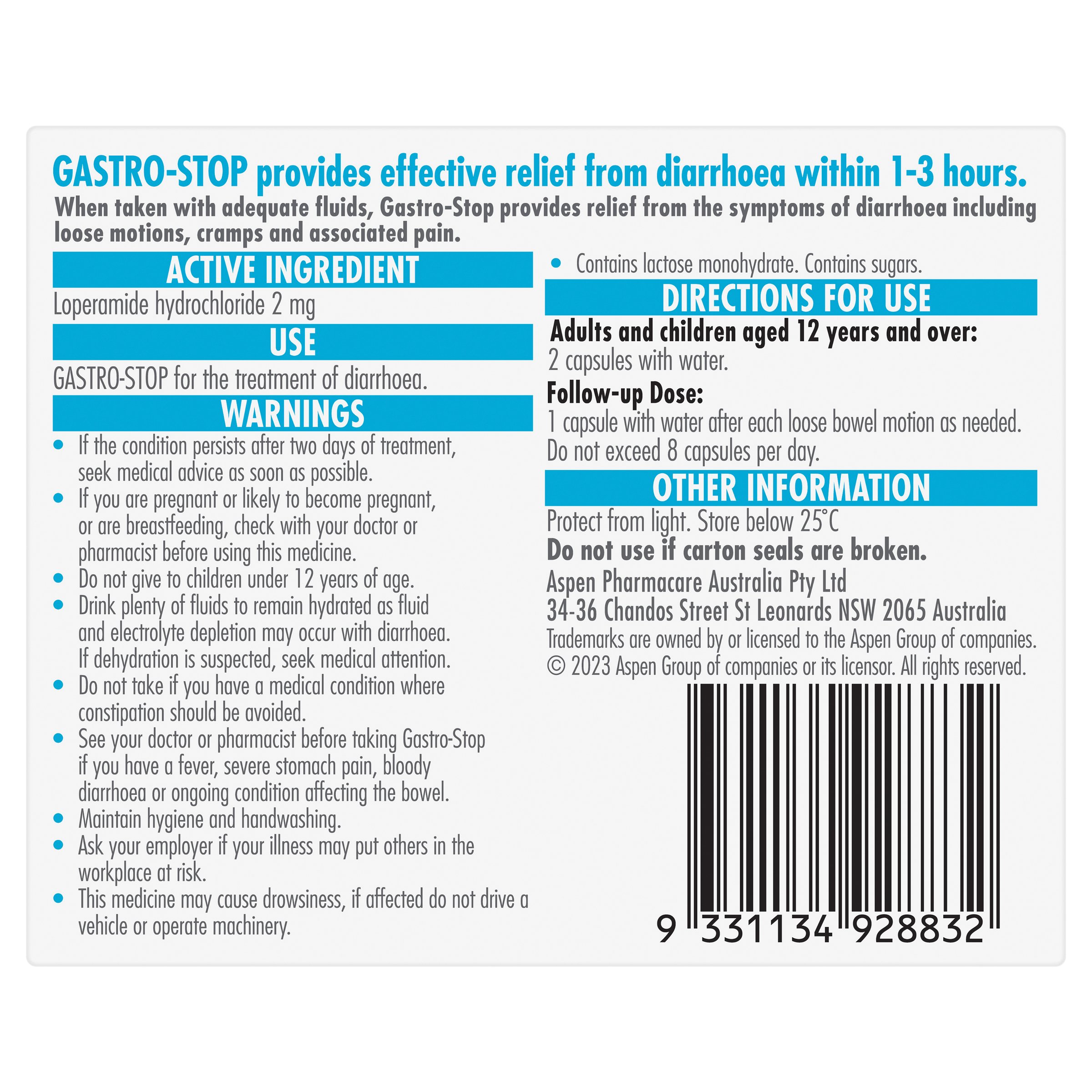 Gastro-Stop Diarrhoea Relief Loperamide 2mg - 20 capsules - Image 2