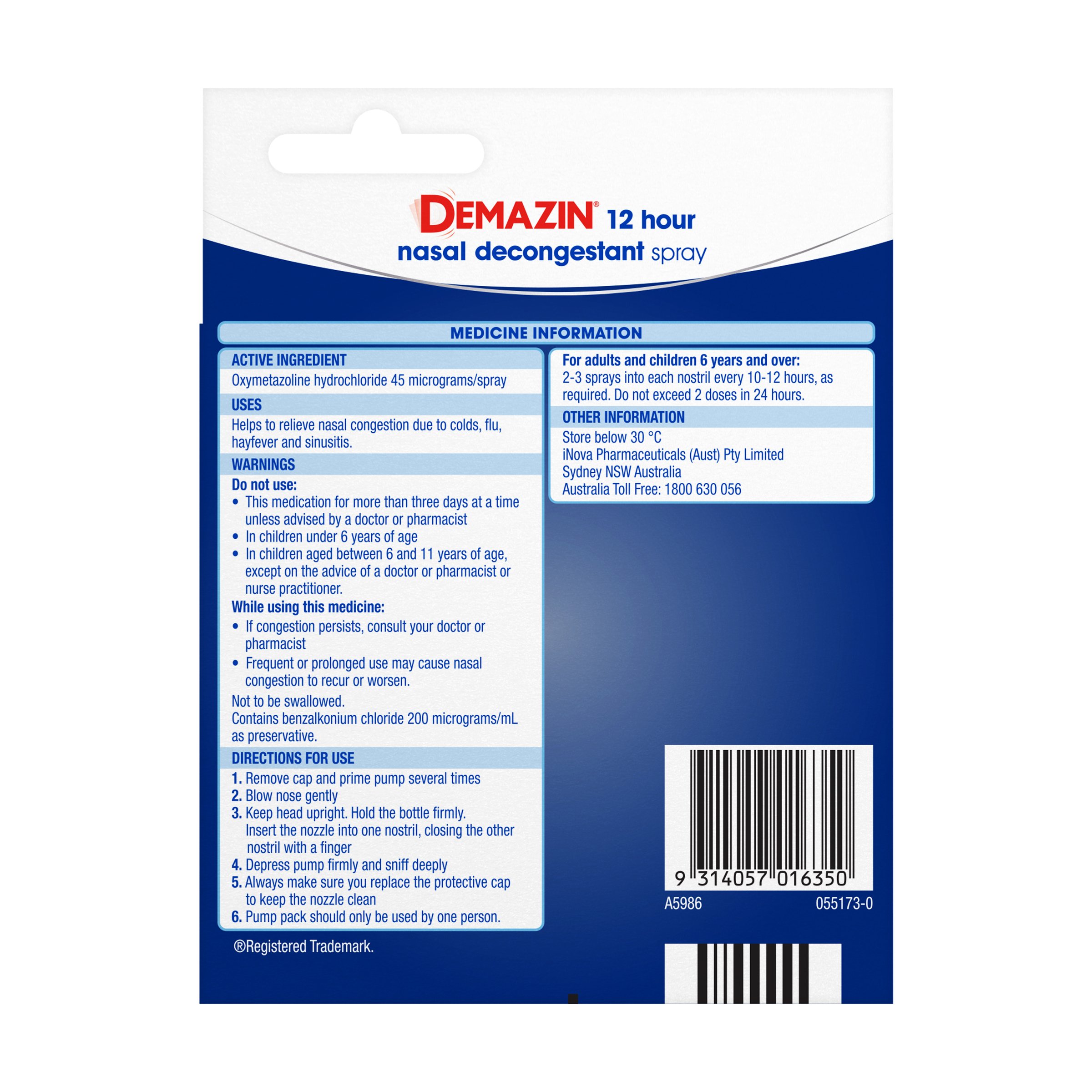 Demazin 12 Hour Decongestant Nasal Spray 20ml - Image 2