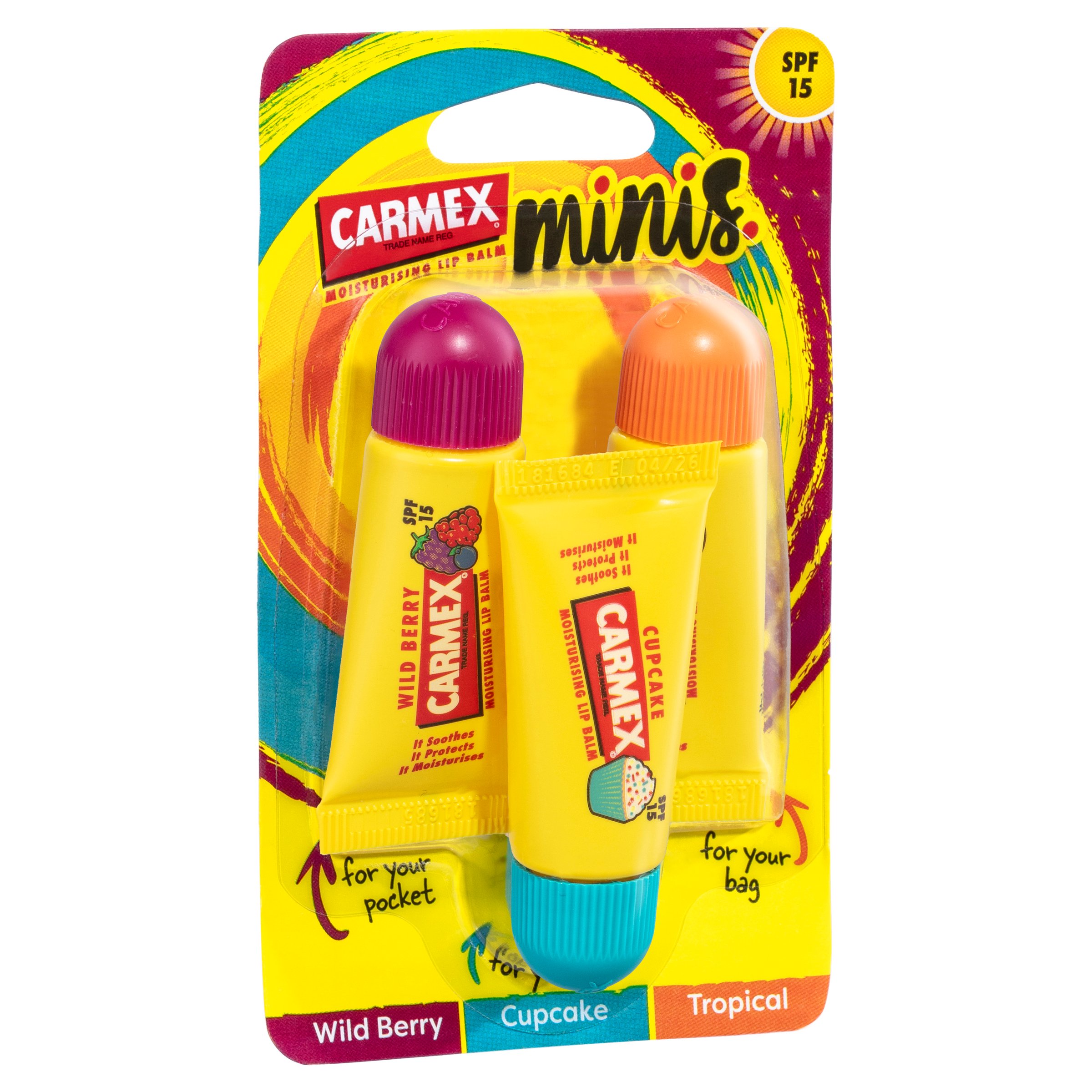 Carmex Minis Assorted SPF 15 Fun Tubes Wild Berry Cupcake Tropical 3 pack - Image 6