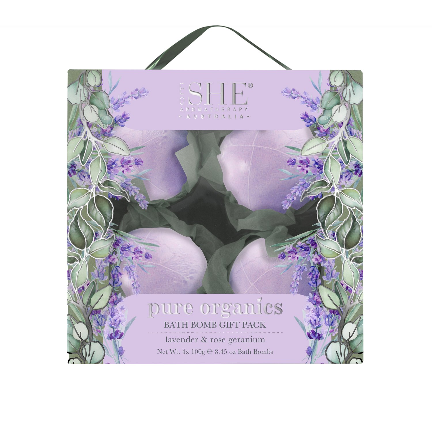 She Aromatherapy Pure Organics Bath Bomb Set Lavender & Rose Geranium 4 piece