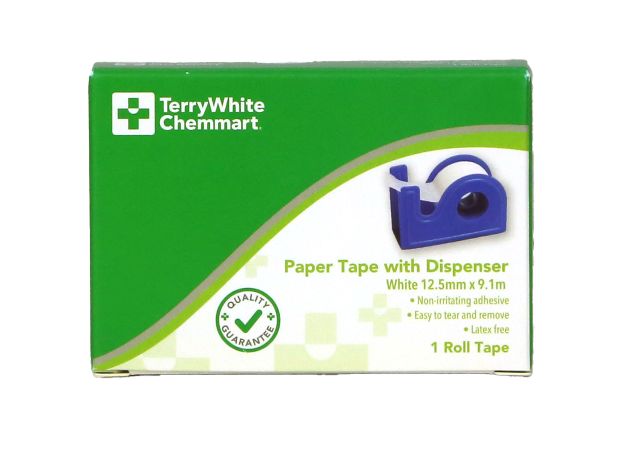 TerryWhite Chemmart Paper Tape With Dispenser White 12.5mm X 9.1M - 1 roll